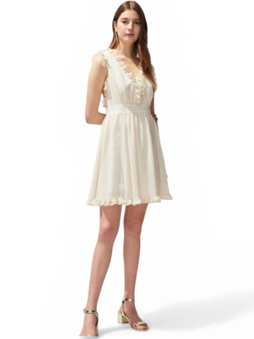 Claudie Pierlot Ivory Cross Back Strap Ruffle Trim Sleeveless Mini Dress